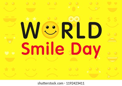 World Smile Day with lettering and smiling emoticon. Happy yellow smiley in a flat design and text World Smile Day on yellow background. Vector emoticon joy icons