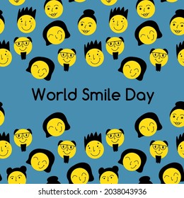 World smile day with lettering and smiling faces. Happy faces in flat design and text World Smile Day. Vector faces of joy