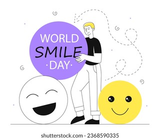 Concepto de la línea del día de la sonrisa en el mundo. Joven cerca de emojis felices y emoticonos. Sentimientos y sentimientos positivos, optimismo. Festividades y festivales internacionales. Ilustración lineal vectorial