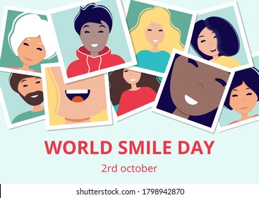 World smile day. Many pictures with smiling people of different nationalities. Photo frames on the table. Template for banner, postcard, card, invitation. Vector Illustration in flat style.