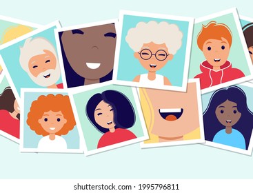 World smile day. Many pictures with smiling people of different nationalities. Photo frames on the table. Template for banner, postcard, card, invitation. Vector Illustration in flat style.