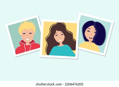 World smile day. Many pictures with smiling people of different nationalities. Photo frames on the table. Template for banner, postcard, card, invitation. Vector Illustration in flat style.