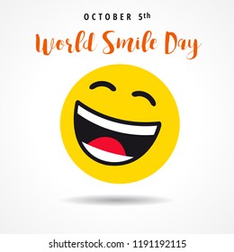 World Smile Day october 5th banner with big smiling emoticon. Happy smiley icon and lettering World Smile Day on white background. Vector illustration