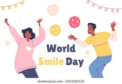 World smile day poster. International holiday and festival 4 October. Man and woman with colorful emojies. Positivity and optimism. Humour and jokes, laugh. Cartoon flat vector illustration