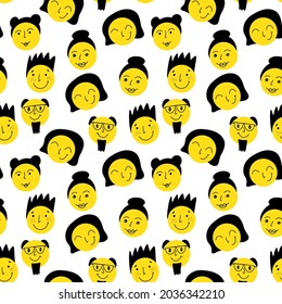 World Smile Day with smiling faces. Happy faces in flat design. Vector seamless pattern of faces of joy