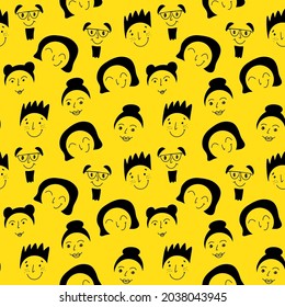 Día Mundial de la Sonrisa con caras sonrientes. Felices caras de diseño plano. Patrón vectorial sin fisuras de caras de alegría