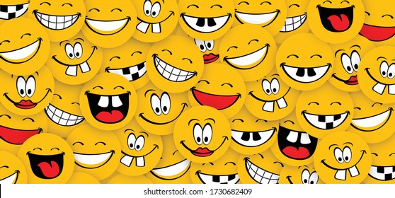 World smile day, smiling National big happiness Fun thoughts emoji face emotion Laughter lip symbol Smiling lips, mouth, tongue Funny teeth Vector laugh cartoon pattern Lol laughing haha
