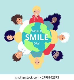 World smile day. Smiling people of different nationalities around planet Earth. Template for banner, postcard, card, invitation. Vector Illustration in flat style.