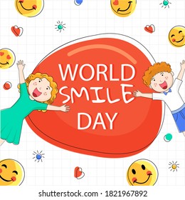 Texto del Día Mundial de la Sonrisa con niños alegres levantando la mano y emoticono emoticono decorado con fondo de Cuadrícula Blanca.