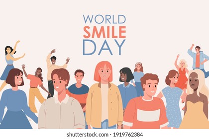 World smile day vector flat banner template with text space. Happy smiling men and women in casual clothes standing together, laughing and smiling. Group of happy people of different ethnicity.