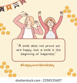Ilustración de diseño de plantillas de vectores del Día Mundial de la Sonrisa con dos personas y fondo rosado. Se puede usar para el afiche de diseño
