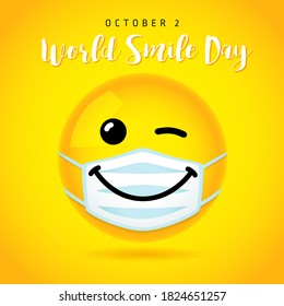 World Smile Day wink banner template, October 2. Happy yellow smiling icon in medical mask and text. Vector emoticon on yellow background design. 3d style emoji joy icons illustration 