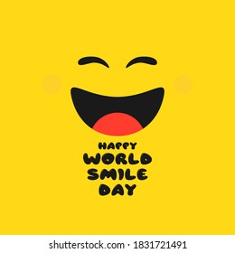 Día de la sonrisa mundial. Afiche de la cara de sonrisa amarilla. Sonríe con lengua. Cartel del Día Mundial de la Sonrisa. EPS vectorial 10.