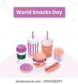 World Snack Day poster with pile of different snacks vector. Group of fried and sweet food icon isolated on a light pink background. Snack Day Poster, July 16. Important day.