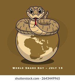 Dia Mundial da Serpente para comemorar em 16 de julho. Ilustração de uma cobra fofa empoleirada em um globo. Banner do evento animal.