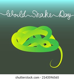 World Snake Day lettering. Cute green snake in cartoon style