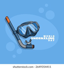 World Snorkeling Day is celebrated on July 30th. Diving mask and snorkel equipment with bold text on sky blue background. Sports event banner.