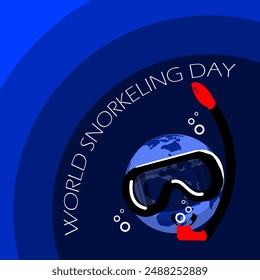 World Snorkeling Day event sports banner. Illustration of the earth diving with snorkeling equipment on dark blue background to celebrate on July 30th