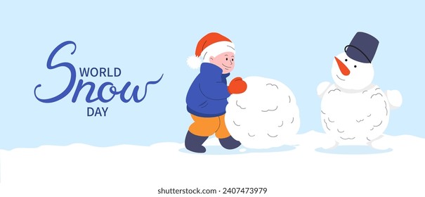 World Snow Day banner. Children make snowman. Handwriting inscription. Winter view background. Daily activities, city park time. Wintertime games and leisure. Hand drawn vector flat illustration.