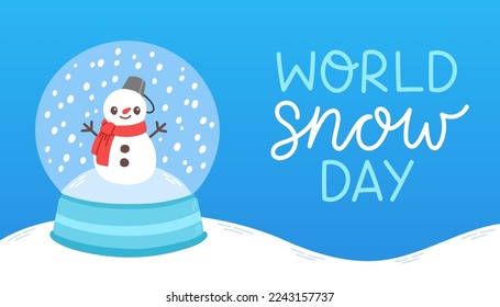 Día Mundial de la Nieve. Bola de nieve navideña con un pequeño muñeco de nieve y copos de nieve. Vector de diseño plano