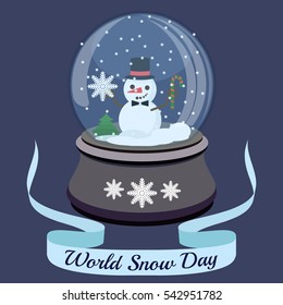 World Snow Day. Christmas snow ball with little snowman and snowflakes. Flat vector stock illustration