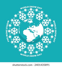 World Snow Day event banner. Earth surrounded by snow flakes, with bold text on light blue background to celebrate on January