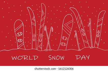 World snow day - hand drawing white illustration on red background for banner with winter wishes