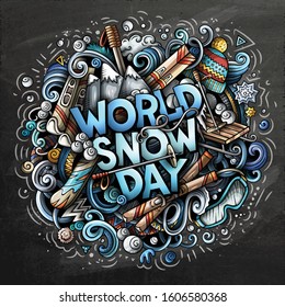 World Snow Day hand drawn cartoon doodles illustration. Funny objects and elements poster design. Cold season outdoor activities elements and objects cartoon background.