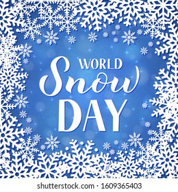 World Snow Day hand lettering with snowflakes on blue background. Winter sports and activities concept vector illustration. Easy to edit template for typography poster, greeting card, banner, flyer.