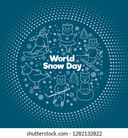 World Snow Day. Picture for the Day of winter sports. Pigs involved in winter sports. Skater, snowboarder, skier, cheesecake, skater, hockey player. Illustration in circle. Vector