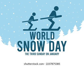 World snow day. Ski icon. The third sunday on january. White and blue. Poster, banner, card, background. Eps 10.