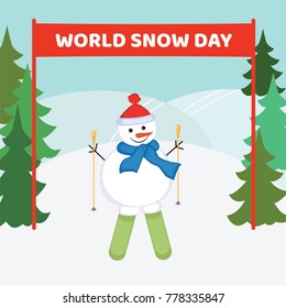 World Snow Day. Snowman skier on a background of snowdrifts and fir trees.
