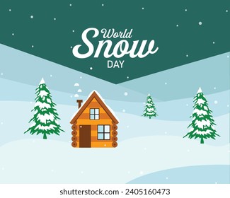 World Snow Day text banner, 
poster and card.  Web banner winter view with pine tree. Vector illustration. Holiday concept.
