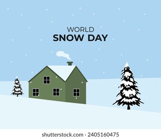 World Snow Day text banner, 
poster and card.  Web banner winter view with pine tree. Vector illustration. Holiday concept.
