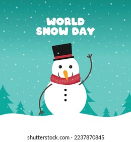 World snow day. The third sunday on january. Cute snowman in a snowfield. Snowfall. Tree silhouette. Poster, banner, card, background. Eps 10.