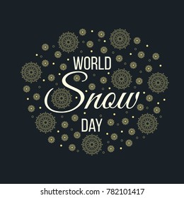 World Snow Day. Vector illustration with inscription and gold snowflakes on a dark background.