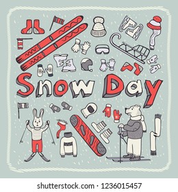 World Snow Day. Vintage, doodle style.Picture style Bear, hare skiers, winter warm clothing. Snowboard, ski, sled. On a gray background with a frame with strokes. Vector illustration