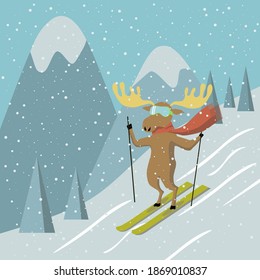 World snow day. Winter landscape with Skiing elk. Moose rolls down on the ski against mountains. Cute animal wears scarf and goggles. Vector cartoon illustration in flat style.