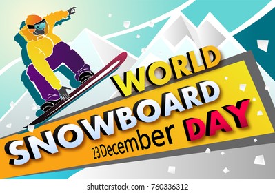 World Snowboard Day Vector banner. Man on Snowboard. Freerider in the mountains for your design svg