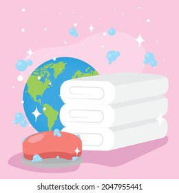 world soap and towels on pink background