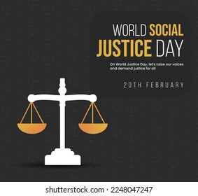 world social justice day. 20th February  world social justice day banner with justice scales. world justice day complete post with dark background. vector illustration 