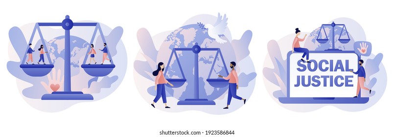 Día Mundial de la Justicia Social. Concepto de derechos humanos. Las balanzas como símbolo de igualdad, libertad y amor. Gente pequeña por la tolerancia y el respeto. Estilo moderno de caricatura plana. Ilustración del vector sobre fondo blanco