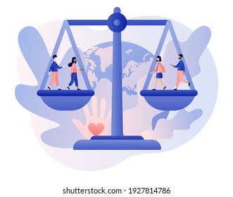 Día Mundial de la Justicia Social. Concepto de derechos humanos. Grandes escalas como símbolo de igualdad, libertad y amor. Pequeños pueblos por la tolerancia y el respeto. Estilo moderno de dibujos animados planos. Ilustración del vector 