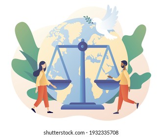 World Social justice day. Human rights concept. Tiny people for tolerance and respect.Scales as symbol of equality, freedom and love. Modern flat cartoon style. Vector illustration on white background