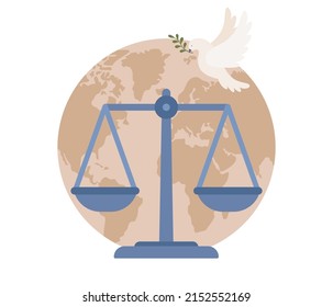 World Social justice day. Human rights concept. Tolerance and respect. Scales, globe and dove as symbols of equality, freedom and love. Vector flat illustration 