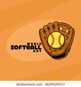 World Softball Day to be celebrated on June 13th. Softball glove with ball on orange background. Sports event banner.