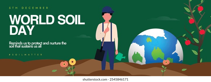 World Soil day. 5th December Soil day celebration cover banner, post with earth globe, trees, plants in mud. Theme for 2024 is Caring for Soils: Measure, Monitor, Manage. Saving earths resources. 