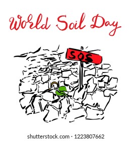 World Soil Day abstract concept for banner or poster design. Seedling growing trough dry soil cracks. Protection and preservation of soil resources. Vector illustration