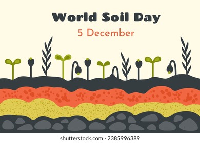 World soil day. Different Ground cross sections. Natural soil, sand, clay, stones, plants, flowers. Soil and Environment protection concept. Vector cartoon flat illustration for banner, poster