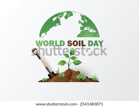  World Soil Day featuring a green globe, shovel, and young sprout. Promotes sustainable soil use and nature conservation